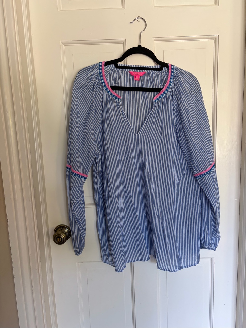 Lilly Pulitzer Blue Stripe Peasant Blouse with Pink Trim